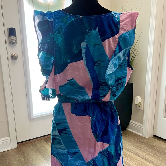 Womens Sheath Dress Pink Blue Leaves Ruffle Scoop Neck - Picture 2 of 2